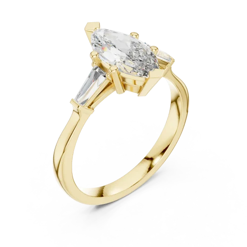 Symmetry Marquise and Baguette Architectural Three Stone Ring