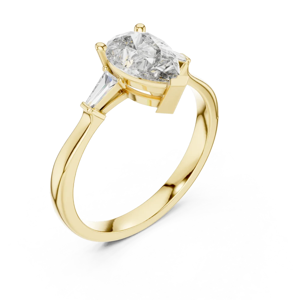 Discover the Luminary Three-Stone Ring, featuring a radiant pear DIAMEUR diamond and sleek baguettes. Elevate your collection with sustainable luxury.