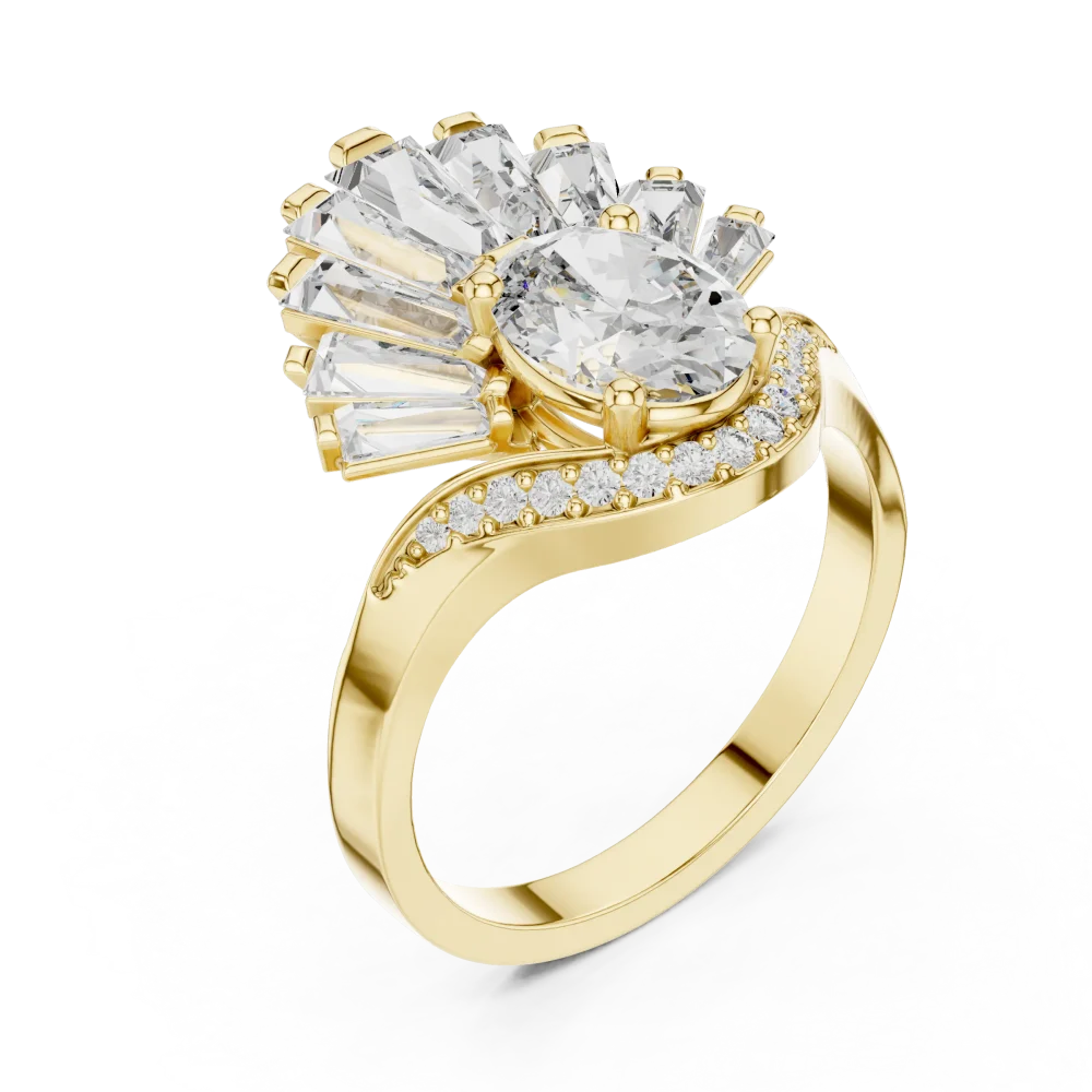 Discover the Luminary Oval and Baguette Solitaire Ring, a breathtaking blend of geometric precision and brilliance. Elevate your style today.
