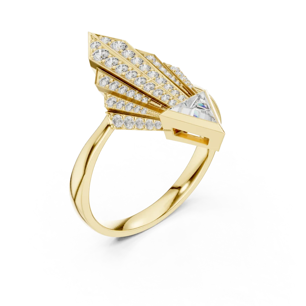 Embrace bold elegance with this architectural cocktail ring, featuring a brilliant trillion-cut DIAMEUR diamond. Elevate your style—shop today.