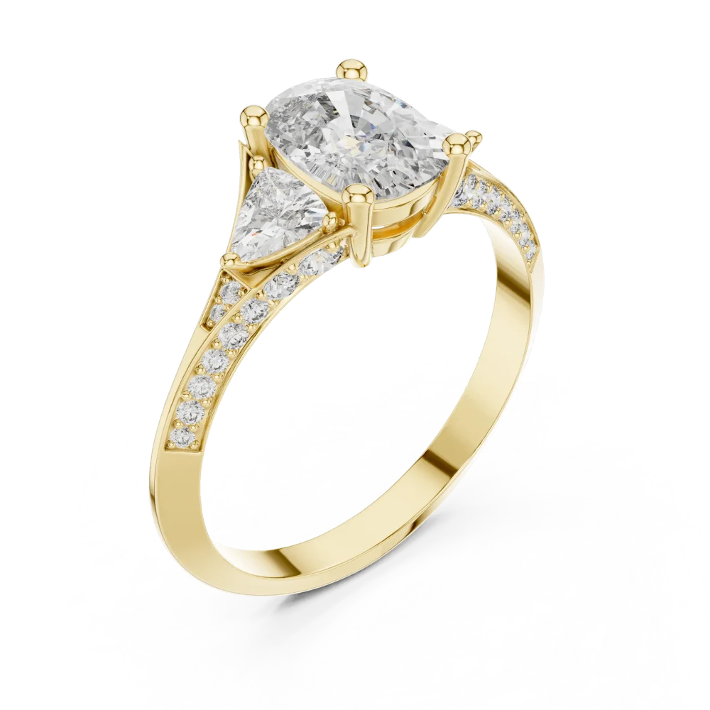 Discover the radiant beauty of our three-stone cushion ring, featuring brilliant DIAMEUR diamonds. Elevate your collection with modern elegance.