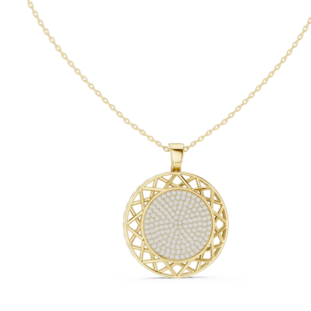Elevate your style with this architectural round pendant. Featuring brilliant-cut DIAMEUR diamonds in a modern geometric frame, shop luxury today.