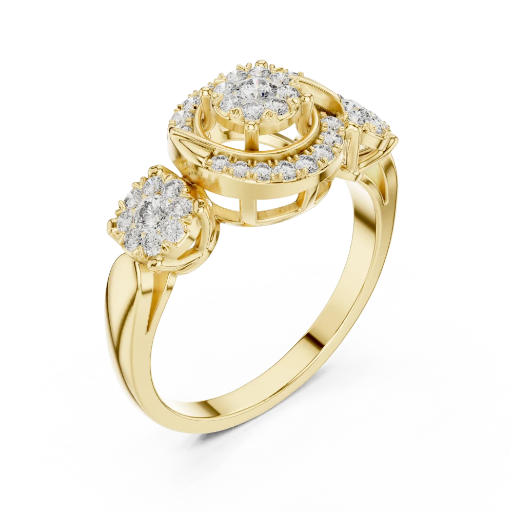 Discover the radiant allure of our three-stone halo ring. Handcrafted with sparkling DIAMEUR diamonds, it is the ultimate modern luxury. Shop now.