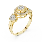 Luminary Round Brilliant Geometric Three-Stone Halo Ring