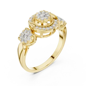 Luminary Round Brilliant Geometric Three-Stone Halo Ring