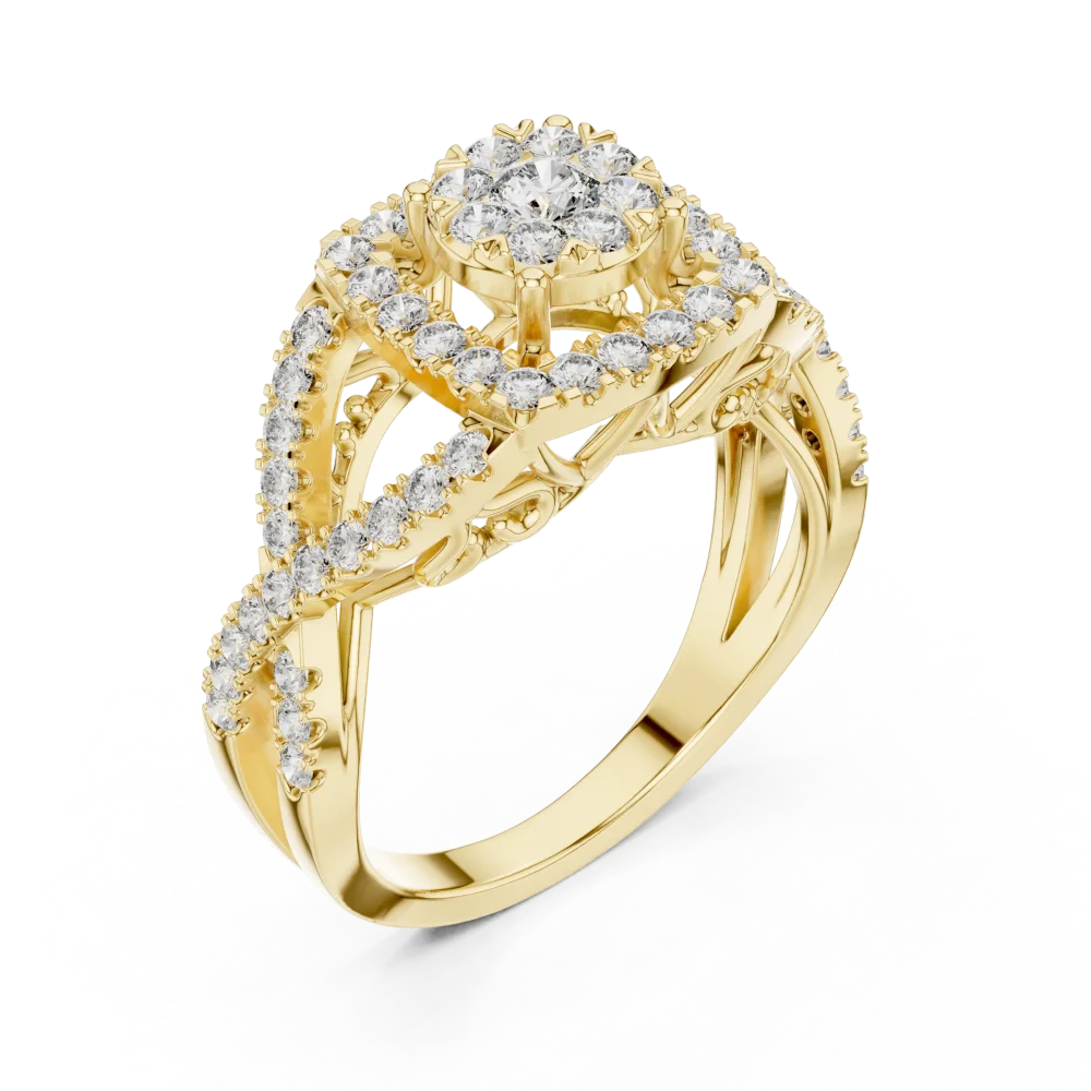 Experience the brilliant sparkle of this architectural halo ring, set with premium DIAMEUR lab-grown diamonds. Elevate your style and shop today.