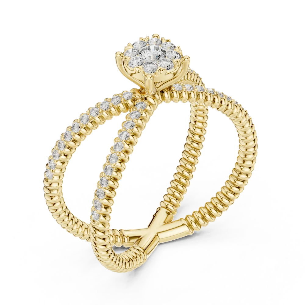 Discover the radiant allure of this modern cross-over solitaire ring, featuring exquisite DIAMEUR diamonds. Elevate your style and shop today.