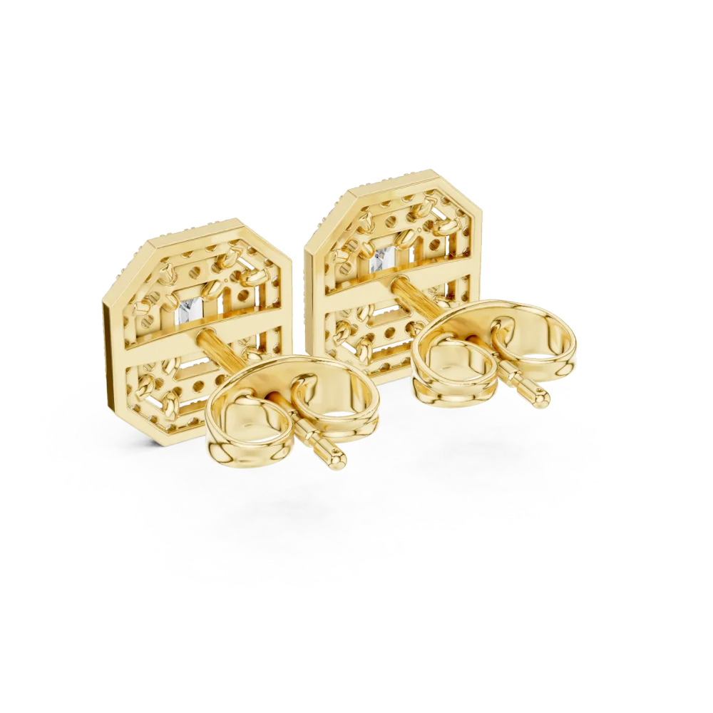 Geometric Emerald Cut Deco Pavé Halo Stud Earrings - Image 3