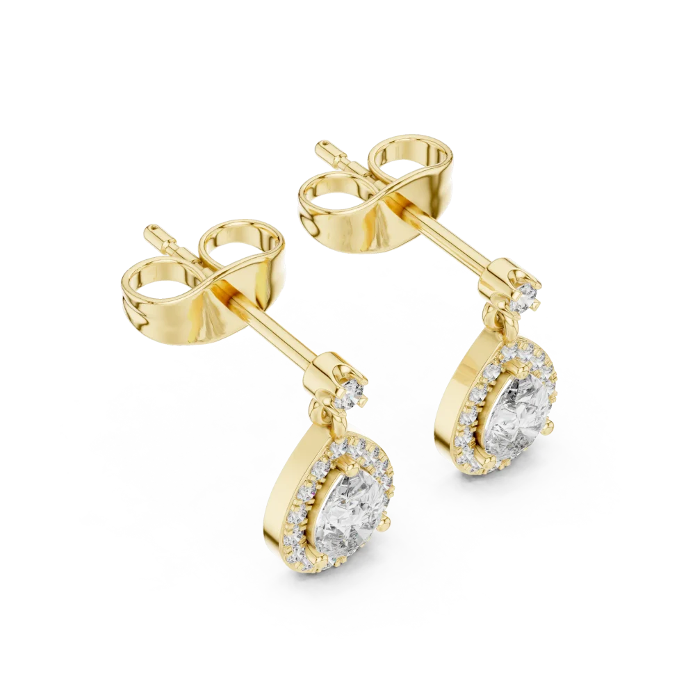Experience radiant elegance with these pear and round halo drop earrings. Featuring brilliant-cut DIAMEUR diamonds. Shop this modern classic now.