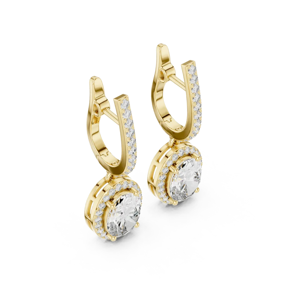 Embrace brilliance with these oval-cut solitaire drop earrings, featuring ethically sourced DIAMEUR diamonds in a radiant halo. Shop this icon now.
