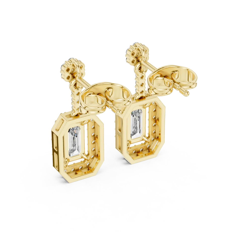 Architectural Emerald Cut Halo Diamond Drop Earrings - Image 3