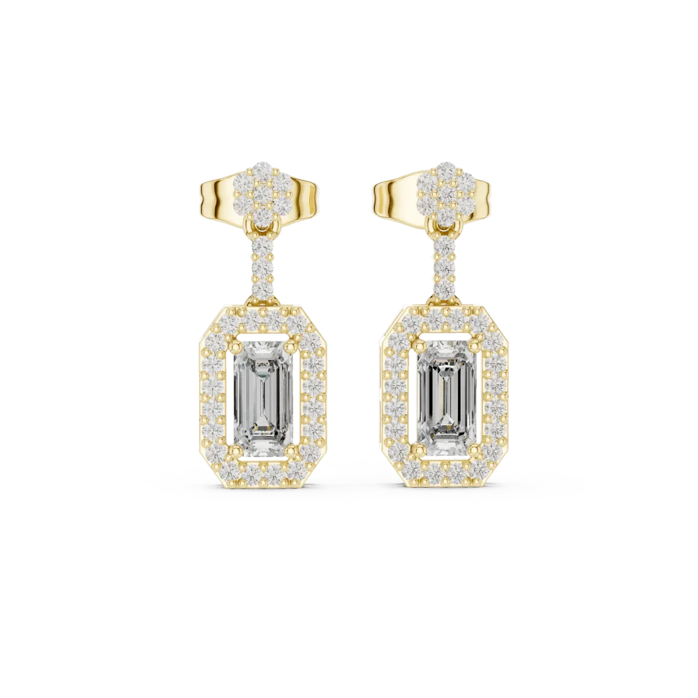 Architectural Emerald Cut Halo Diamond Drop Earrings - Image 2