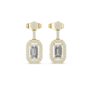 Architectural Emerald Cut Halo Diamond Drop Earrings - Image 2