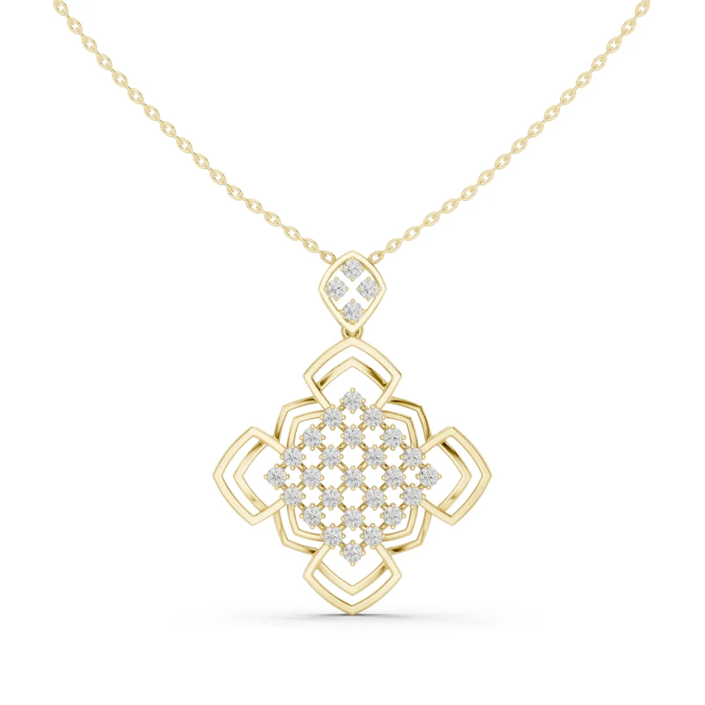Discover the Luminary Round Geometric Lattice Pendant. Expertly set with DIAMEUR lab-grown diamonds, this modern classic elevates your luxury style.