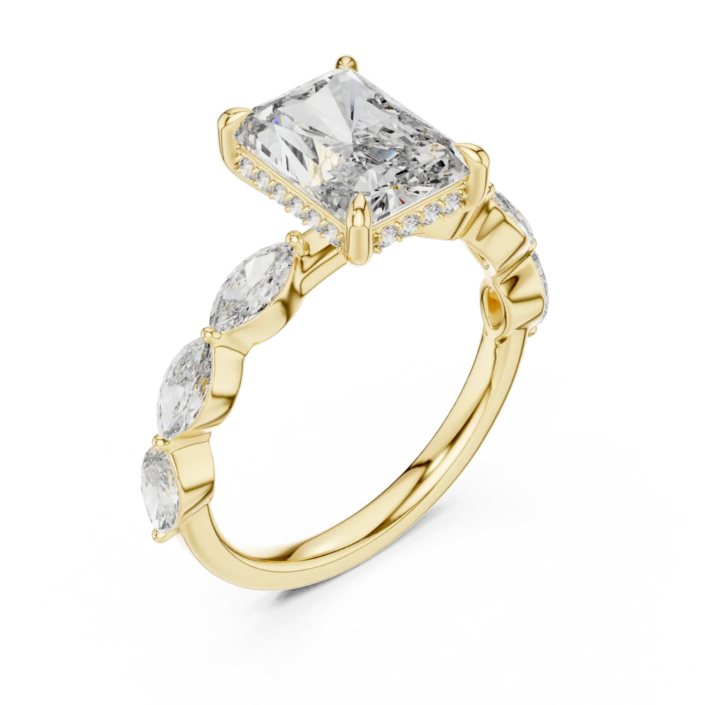Discover the radiant beauty of this three-stone solitaire ring featuring marquise accents. Elevate your collection with this sustainable masterpiece.