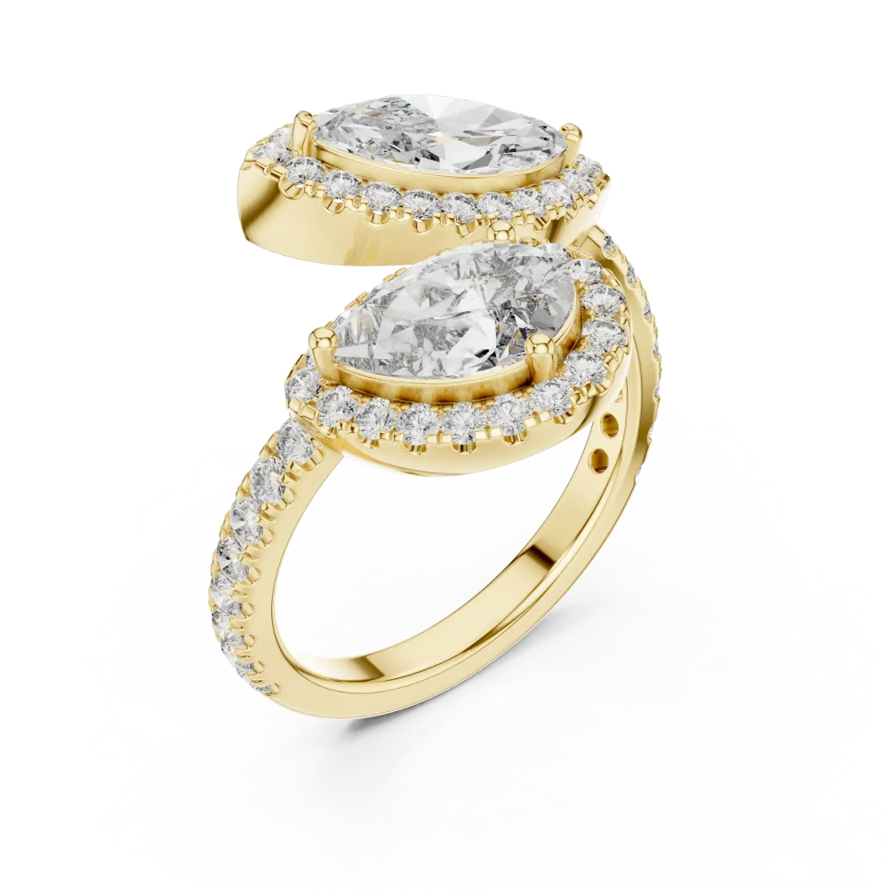 Experience modern elegance with this marquise and pear DIAMEUR diamond halo ring. Expertly handcrafted for maximum brilliance, shop this luxury piece.