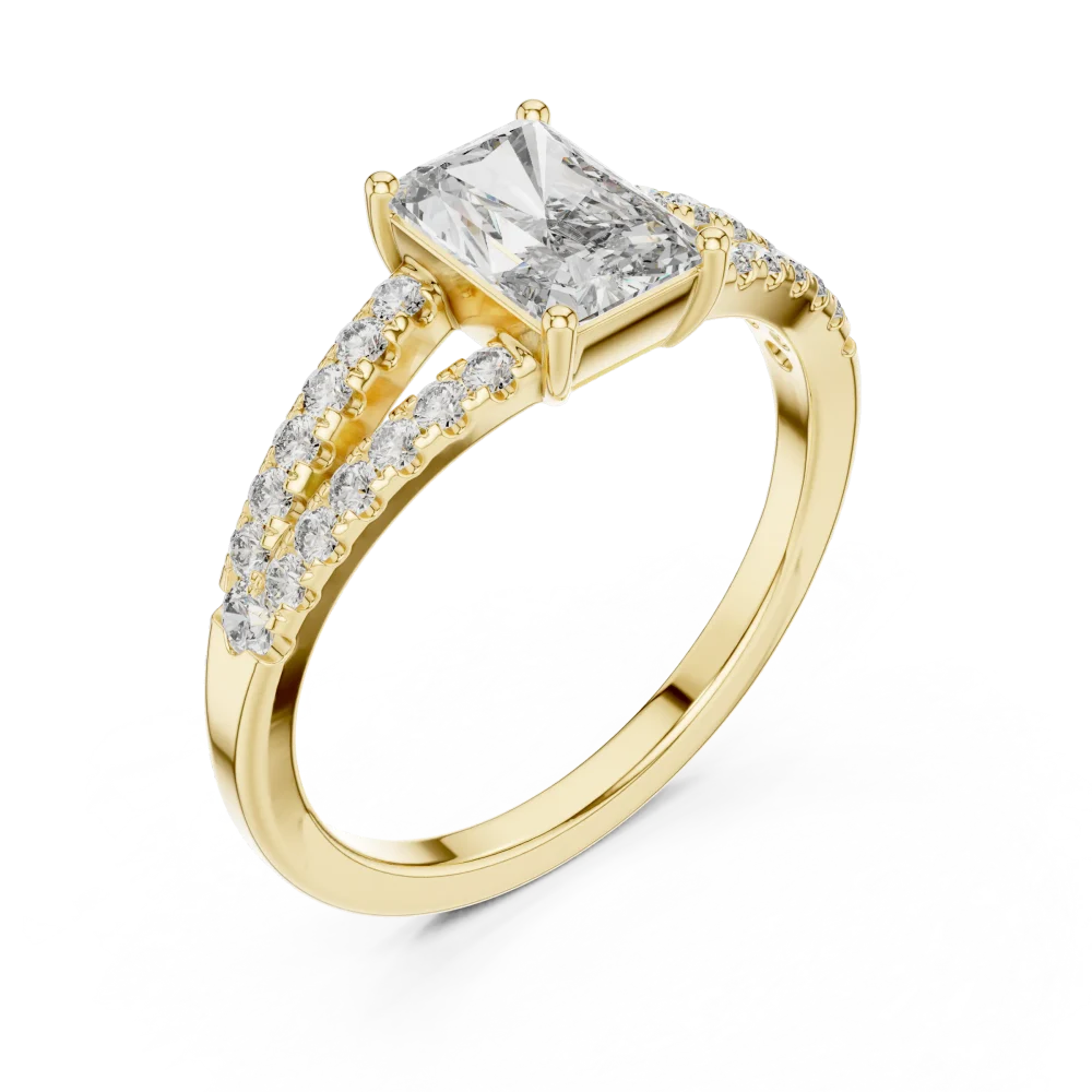 Discover the radiant-cut solitaire ring, a modern classic featuring brilliant DIAMEUR diamonds on a sleek split-shank. Elevate your style today.