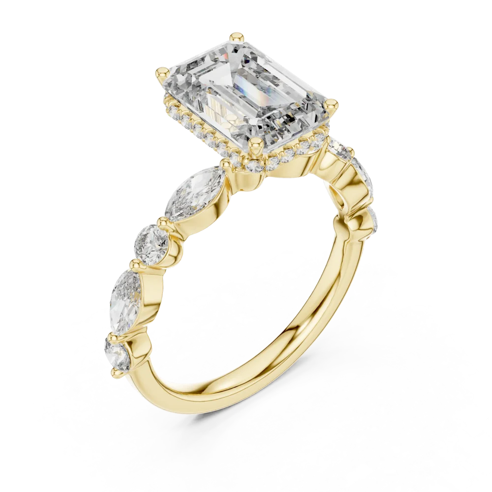 Discover the radiant beauty of our emerald-cut solitaire ring, featuring hand-set marquise DIAMEUR diamonds. Elevate your collection today.
