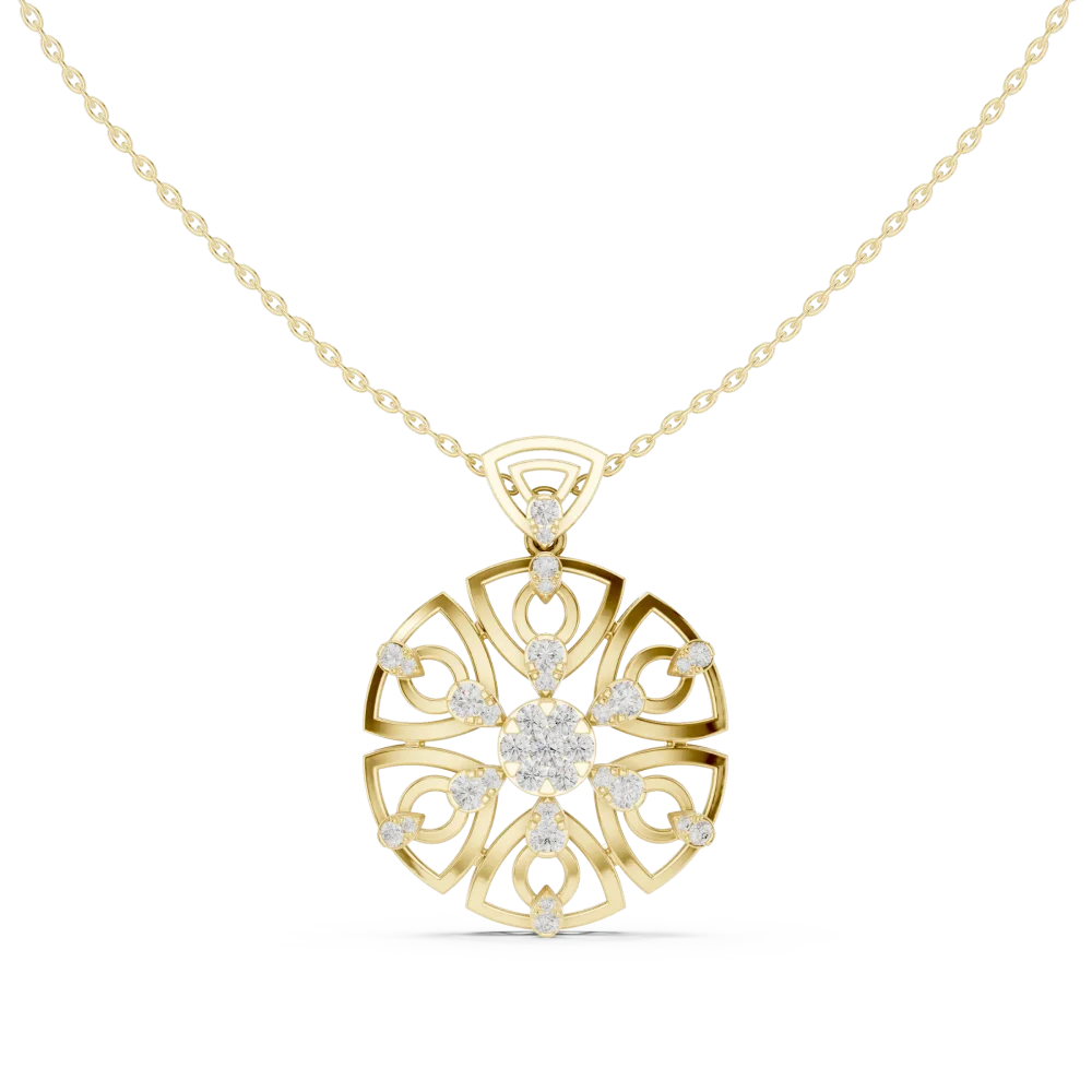Experience the brilliance of this geometric floral pendant, featuring premium DIAMEUR lab-grown diamonds set in pure gold. Shop this modern luxury today.