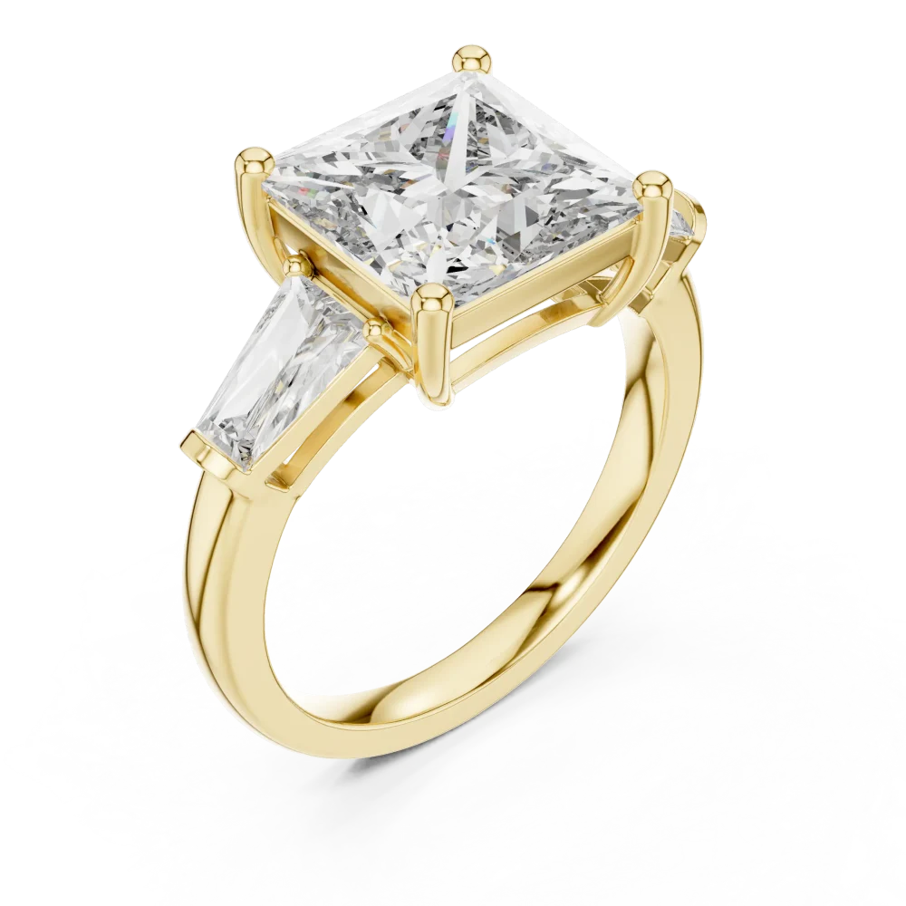 Discover the geometric allure of our princess and baguette three-stone ring. Expertly handcrafted for brilliant sparkle. Shop this modern classic now.