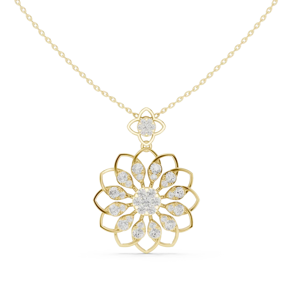 Discover the radiant beauty of our floral-inspired pendant, featuring brilliant-cut DIAMEUR diamonds. Experience modern, sustainable luxury today.