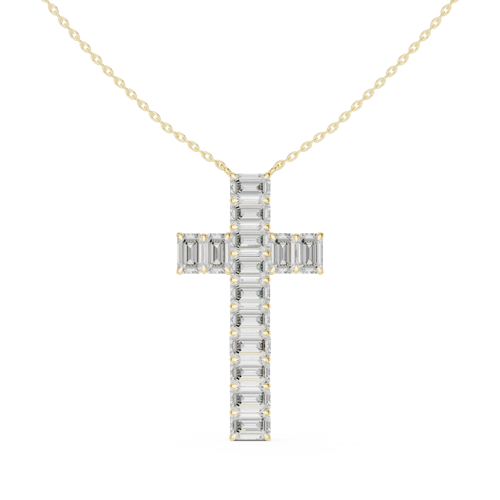 Discover the Symmetry Emerald Cut Cross Pendant. Featuring brilliant DIAMEUR lab-grown diamonds in a modern, architectural design. Shop luxury now.