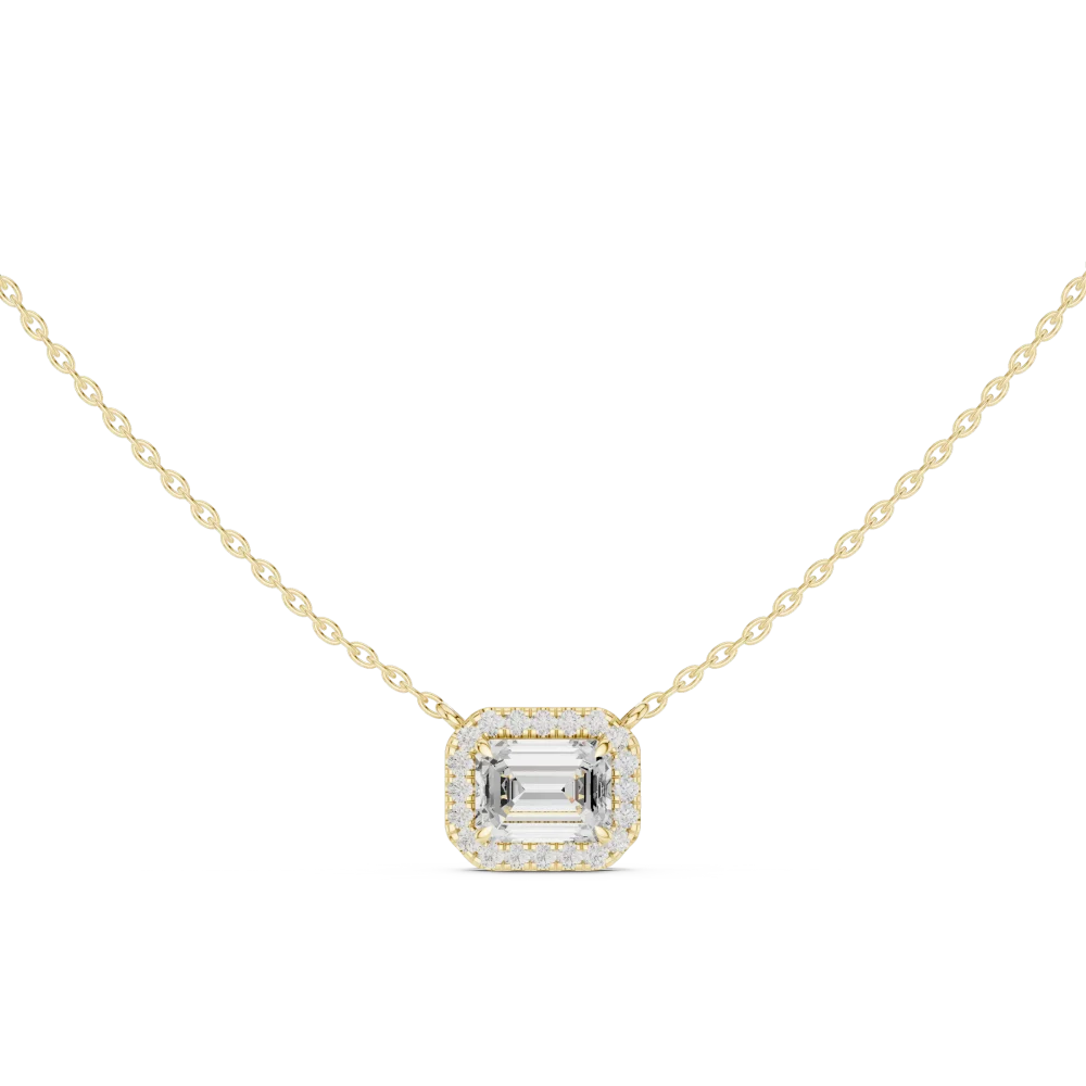 Elevate your look with this stunning emerald-cut DIAMEUR diamond halo pendant. A modern classic of sustainable luxury, perfect for your collection.