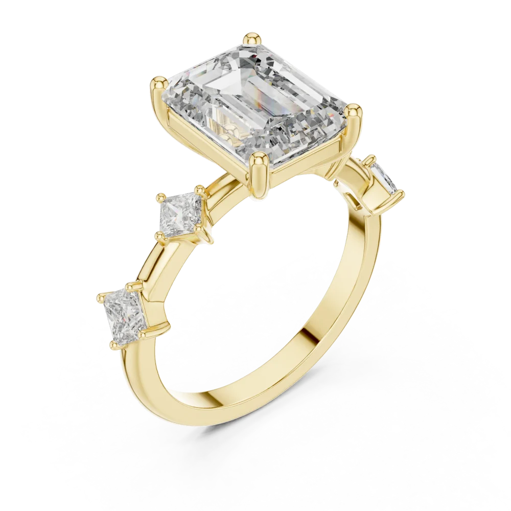 Experience architectural brilliance with this emerald-cut three-stone ring. Featuring premium DIAMEUR lab-grown diamonds, discover luxury today.