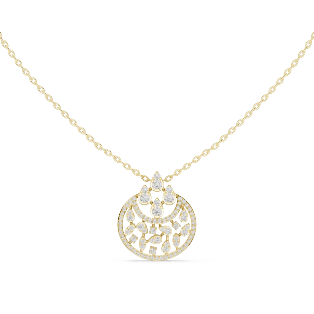 Discover the radiant beauty of our Ethereal Pear and Round DIAMEUR diamond pendant. Expertly handcrafted for timeless elegance, shop this piece today.