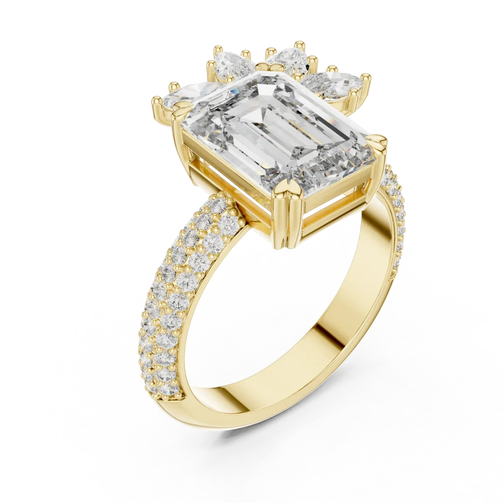 Embrace timeless elegance with this radiant emerald cut statement ring, featuring a brilliant DIAMEUR lab-grown diamond cluster. Shop the look now.
