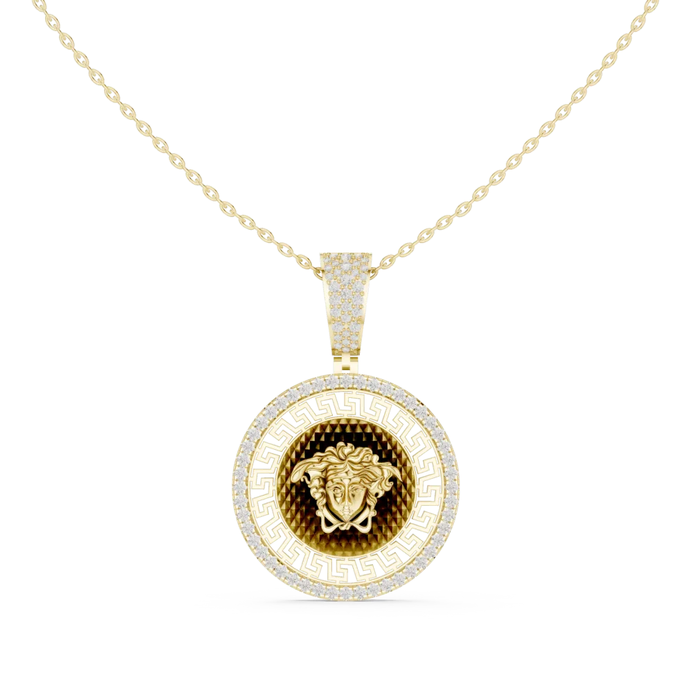 Discover the radiant allure of our pavé-set round medallion. Handcrafted with DIAMEUR diamonds, this modern statement piece defines luxury. Shop now.