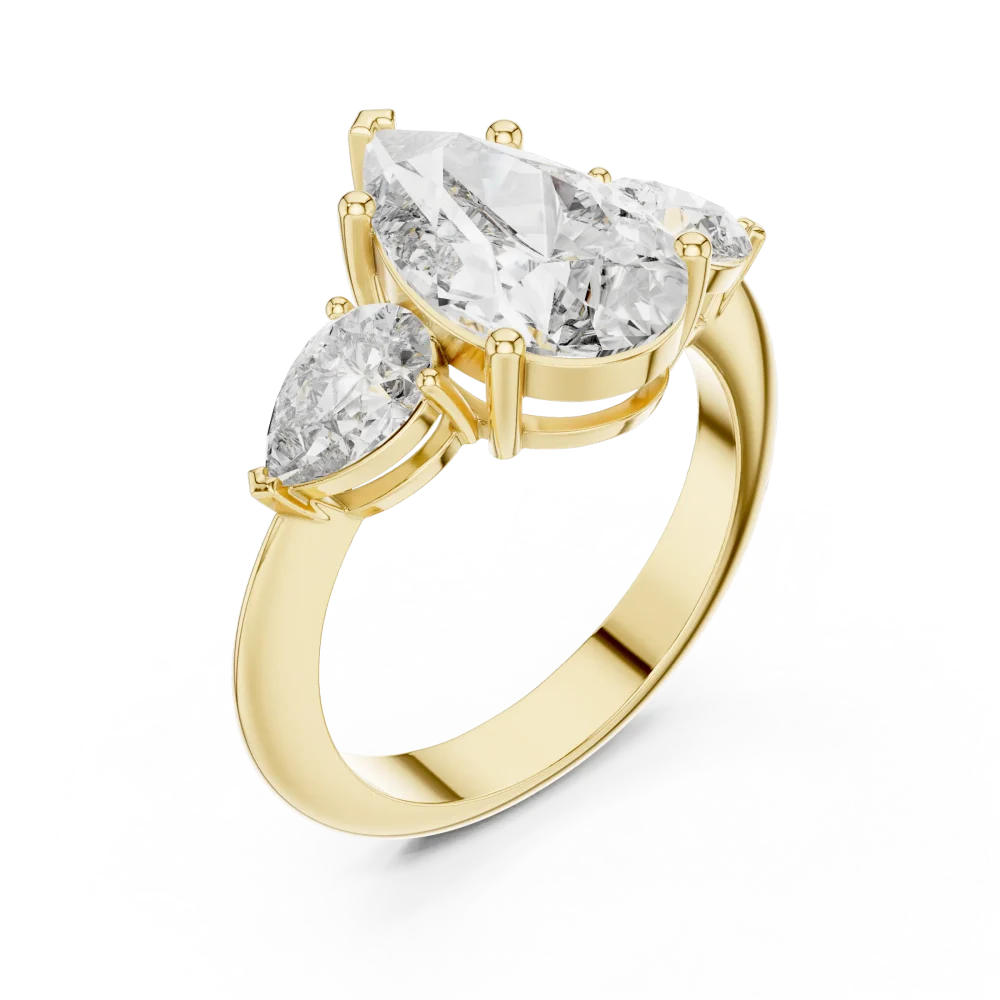 Discover the radiant brilliance of this three-stone pear cut ring. Crafted with premium DIAMEUR lab-grown diamonds, it is the ultimate modern classic. Shop now.
