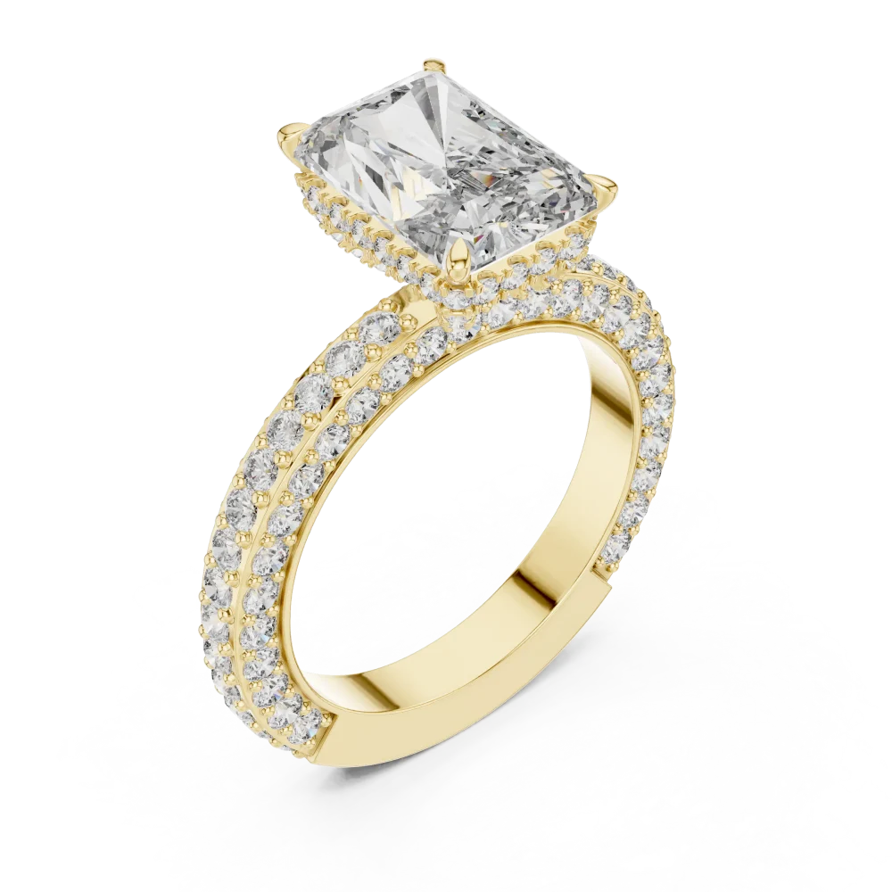 Discover the radiant-cut solitaire ring, a modern classic featuring brilliant pavé-set DIAMEUR diamonds. Elevate your collection with luxury today.