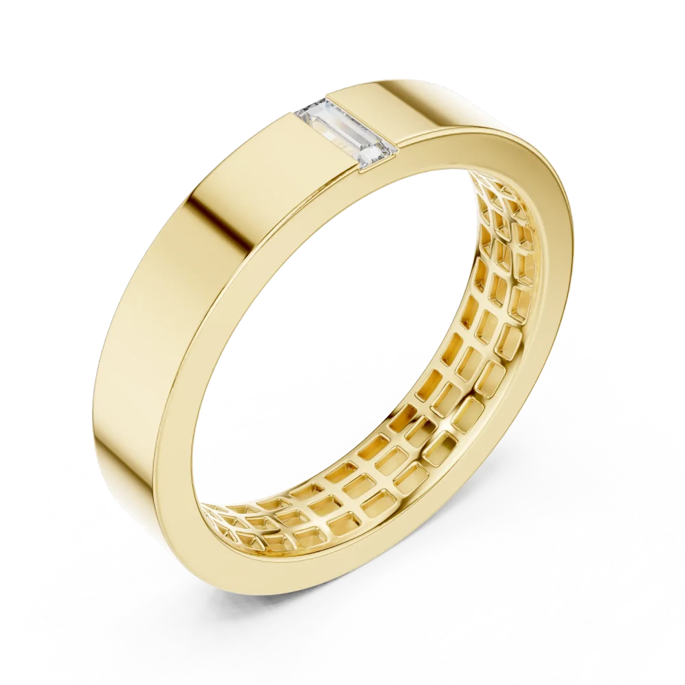 Discover our architectural baguette solitaire band, a modern classic featuring a radiant DIAMEUR lab-grown diamond. Shop this sustainable luxury piece.