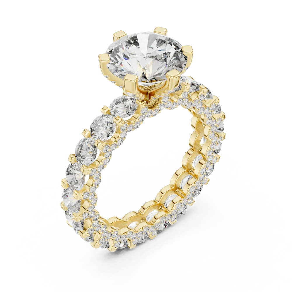 Discover the radiant allure of our round brilliant solitaire ring, featuring exquisite pavé-set DIAMEUR diamonds. Elevate your collection today.