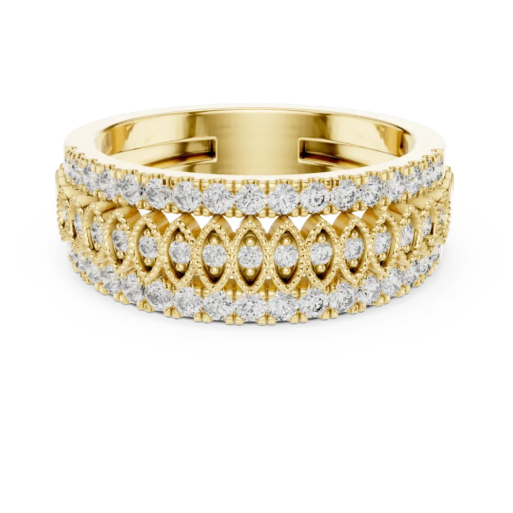 Discover the radiant brilliance of our pavé-set round diamond band. A modern classic defined by architectural elegance. Shop this luxury piece today.