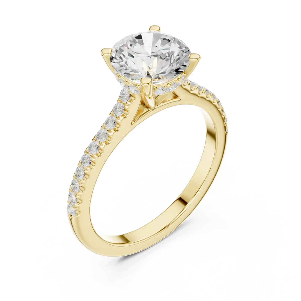 Discover the radiant beauty of this round solitaire engagement ring, featuring shimmering pavé-set DIAMEUR diamonds. Elevate your love story today.