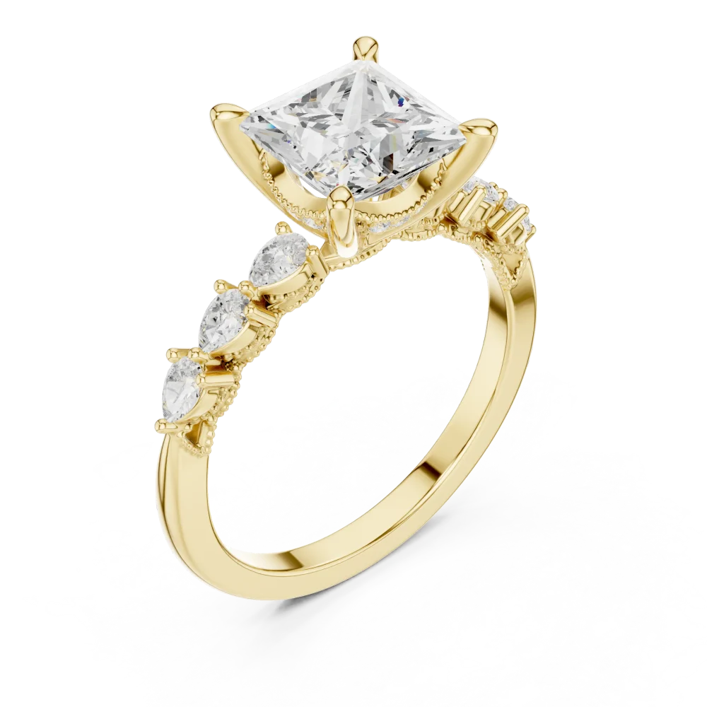 Discover the radiant beauty of this princess-cut solitaire ring, featuring elegant pear accents and DIAMEUR diamonds. Shop this modern classic today.