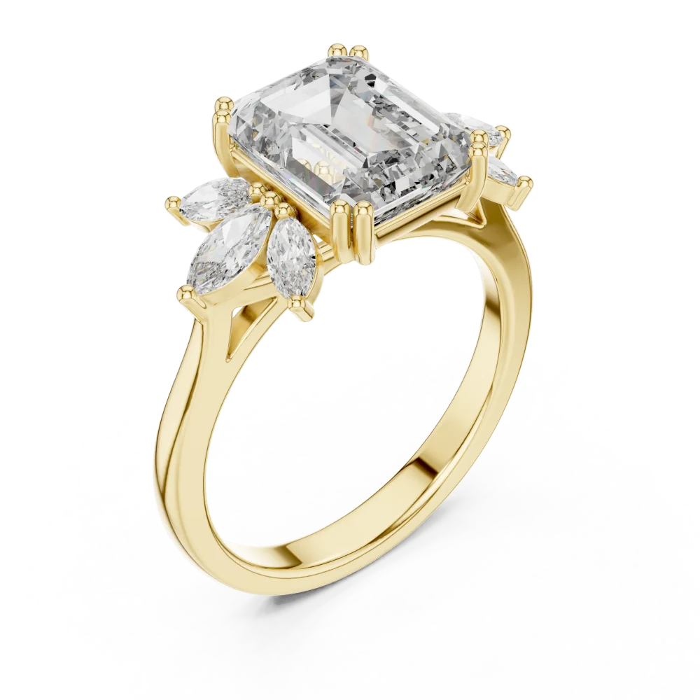 Discover the radiant beauty of our emerald-cut DIAMEUR diamond solitaire ring, accented by elegant marquise stones. Shop this modern luxury today.