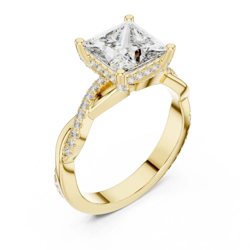 Experience the brilliance of our princess-cut solitaire ring, featuring a twisted pavé band and sustainable DIAMEUR diamonds. Elevate your style today.