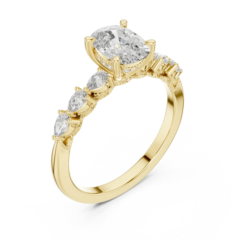 Discover the brilliance of this cushion cut DIAMEUR diamond ring, featuring elegant pear accents. Elevate your collection with sustainable luxury.