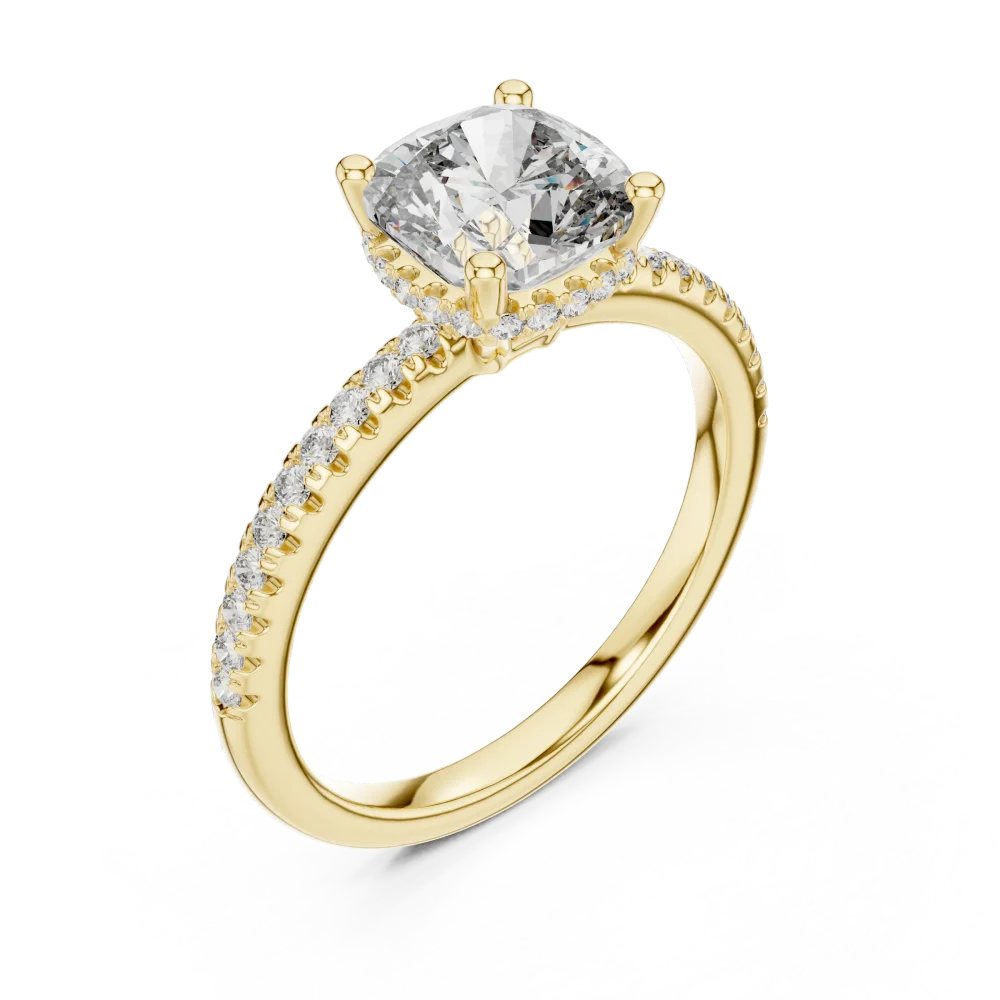 Experience unmatched brilliance with our cushion-cut DIAMEUR solitaire ring, featuring a hidden halo and pavé-set band. Discover your forever ring today.