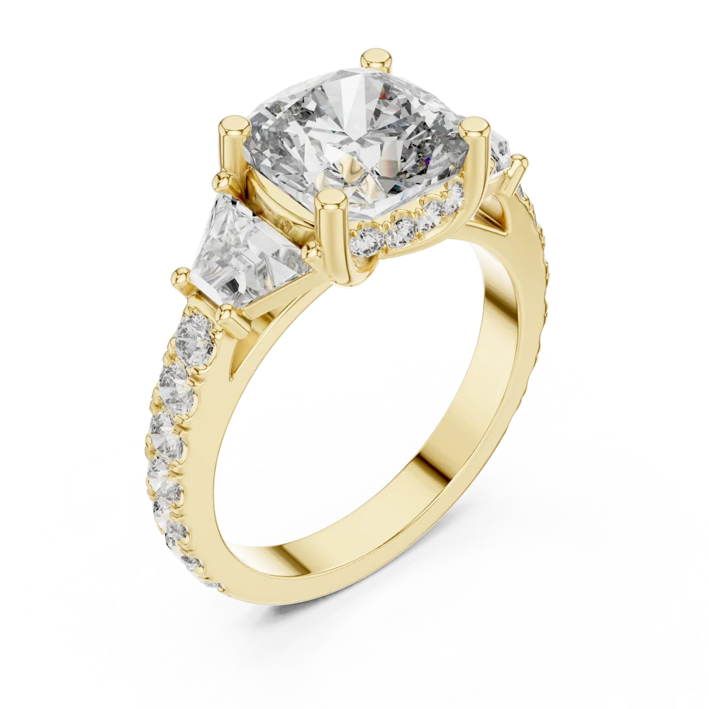 Discover the radiant beauty of this three-stone cushion cut diamond ring. A modern classic defined by superior fire. Shop this sustainable luxury.