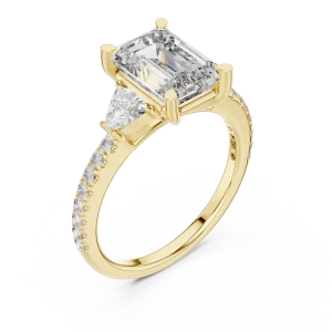Symmetry Emerald and Trillion Cut Three Stone Solitaire Ring