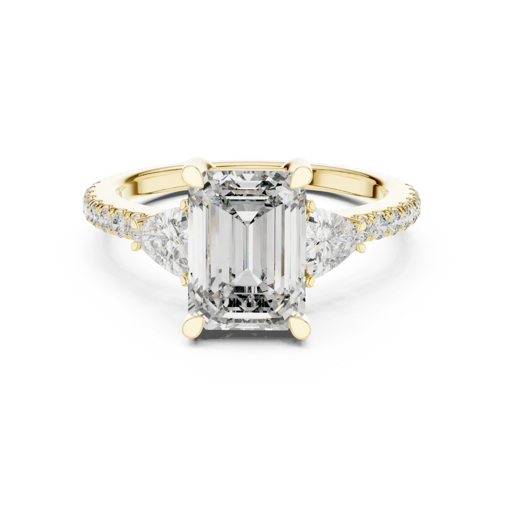 Symmetry Emerald and Trillion Cut Three Stone Solitaire Ring - Image 2