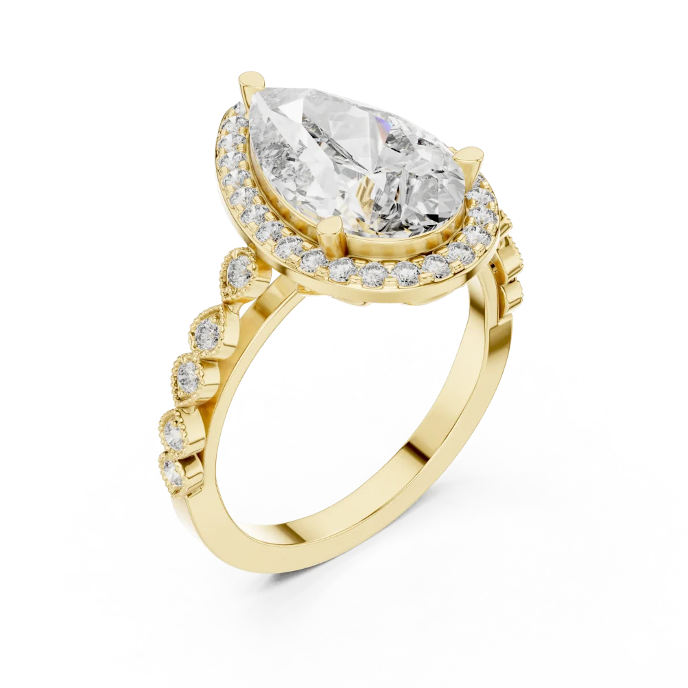 Discover the radiant beauty of this pear cut halo solitaire ring. Featuring exquisite lab-grown DIAMEUR diamonds, it is the ultimate luxury essential.