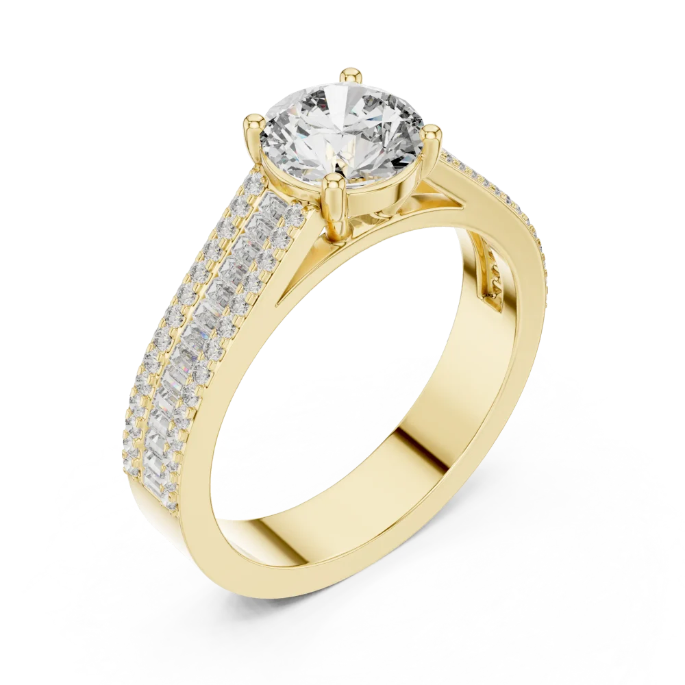 Discover the radiant beauty of this round brilliant solitaire ring, featuring baguette accents and expert craftsmanship. Shop this modern luxury today.