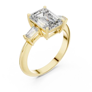 Symmetry Emerald and Baguette Three Stone Solitaire Ring