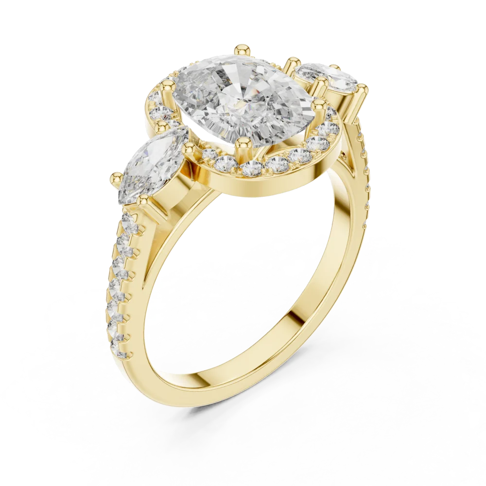Experience timeless brilliance with this cushion-cut solitaire ring, featuring a stunning halo and marquise accents. Shop our luxury collection today.