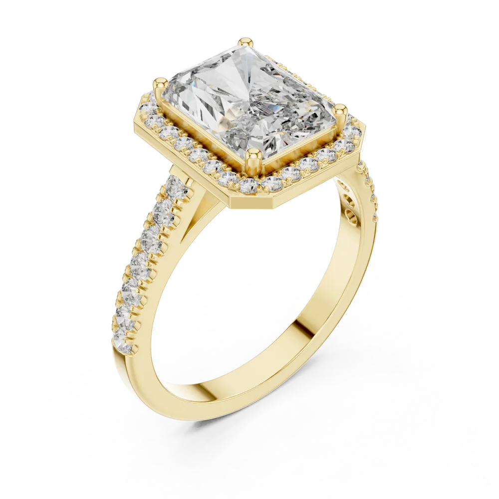 Discover the radiant allure of this halo solitaire ring, featuring a brilliant DIAMEUR diamond. Elevate your collection with this modern classic today.